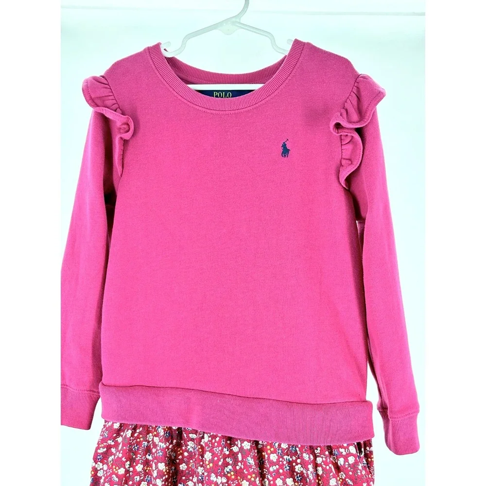 Polo Ralph Lauren Girls 6X Pink Floral Sweatshirt Dress Ruffle Sleeve